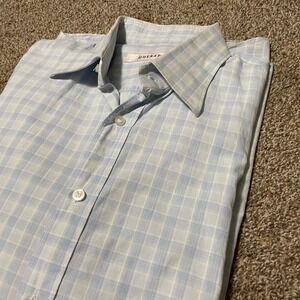 GHERARDI Mens Light Blue White Plaid Button Down Dress Shirt Size 17 43